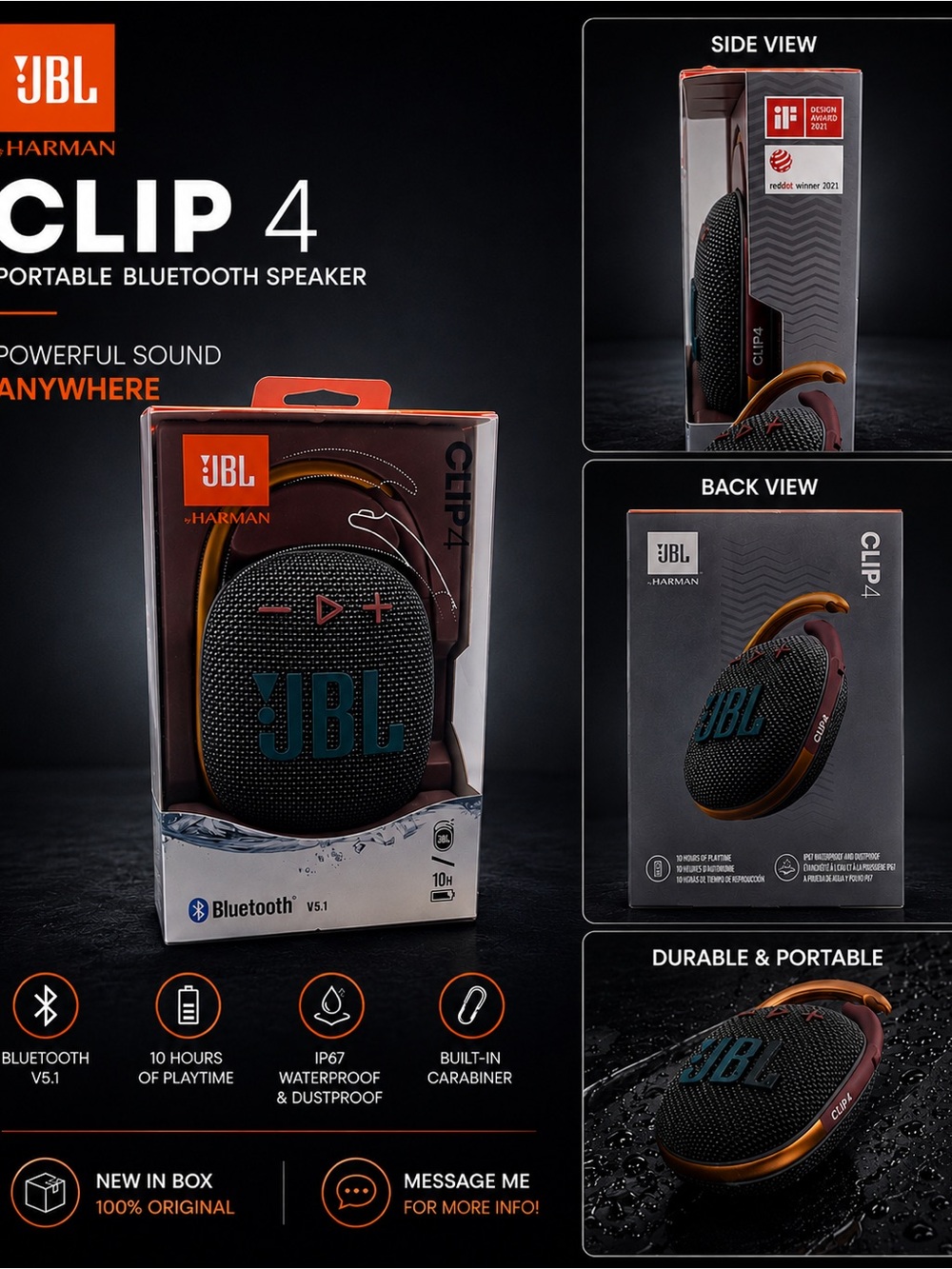 JBL Clip 4 Portable Bluetooth Speaker - Black with Teal Logo